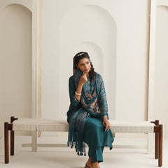 Khushal K Women Pure Silk green Embroidered Kurta & Palazzo With Dupatta