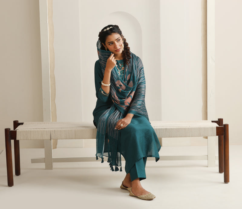 Khushal K Women Pure Silk green Embroidered Kurta & Palazzo With Dupatta