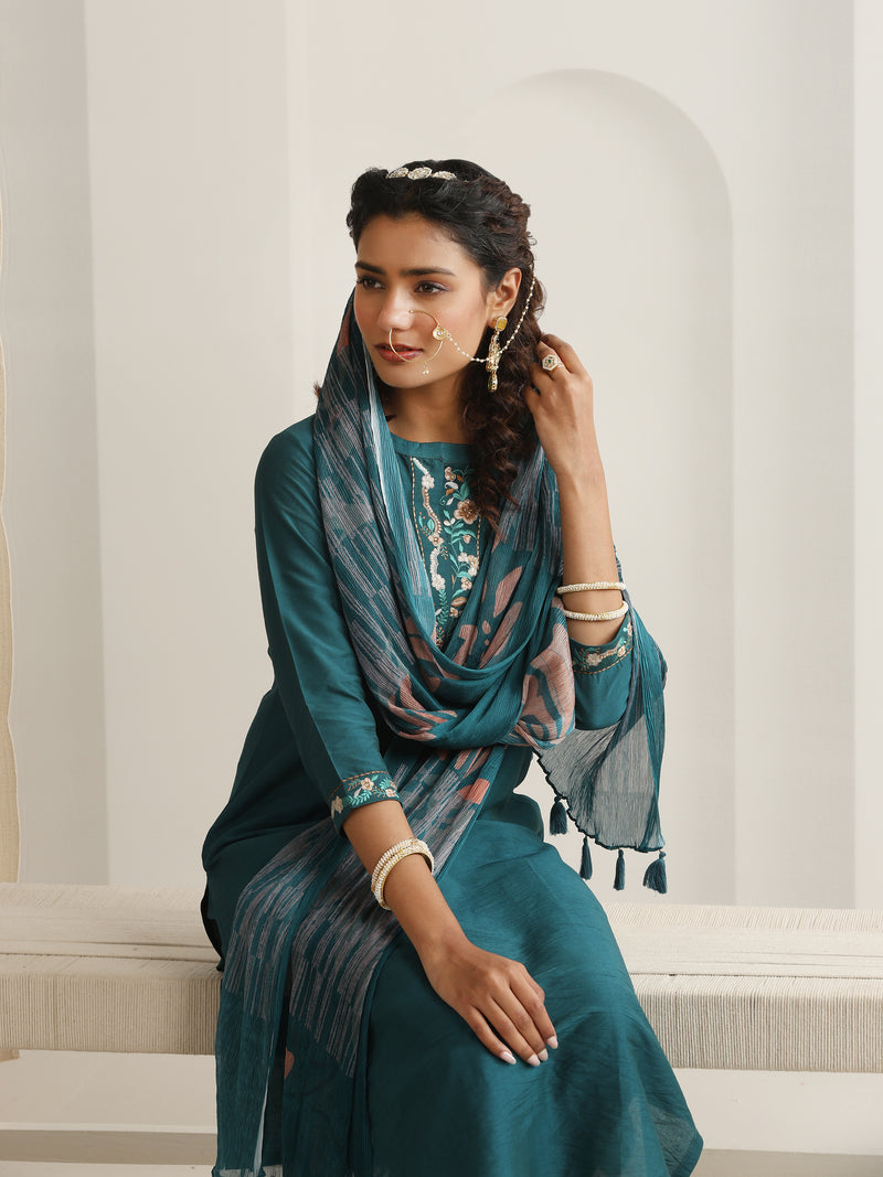 Khushal K Women Pure Silk green Embroidered Kurta & Palazzo With Dupatta