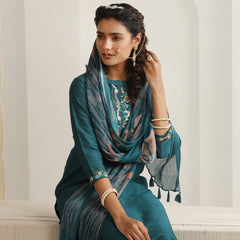 Khushal K Women Pure Silk green Embroidered Kurta & Palazzo With Dupatta