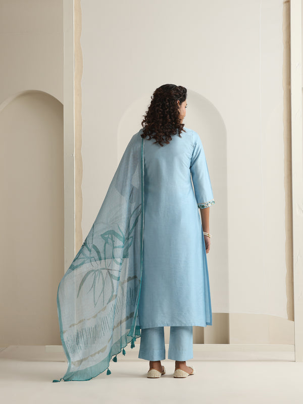 Khushal K Women Pure Silk blue Embroidered Kurta & Palazzo With Dupatta