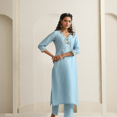 Khushal K Women Pure Silk blue Embroidered Kurta & Palazzo With Dupatta
