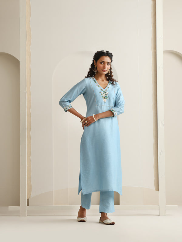 Khushal K Women Pure Silk blue Embroidered Kurta & Palazzo With Dupatta