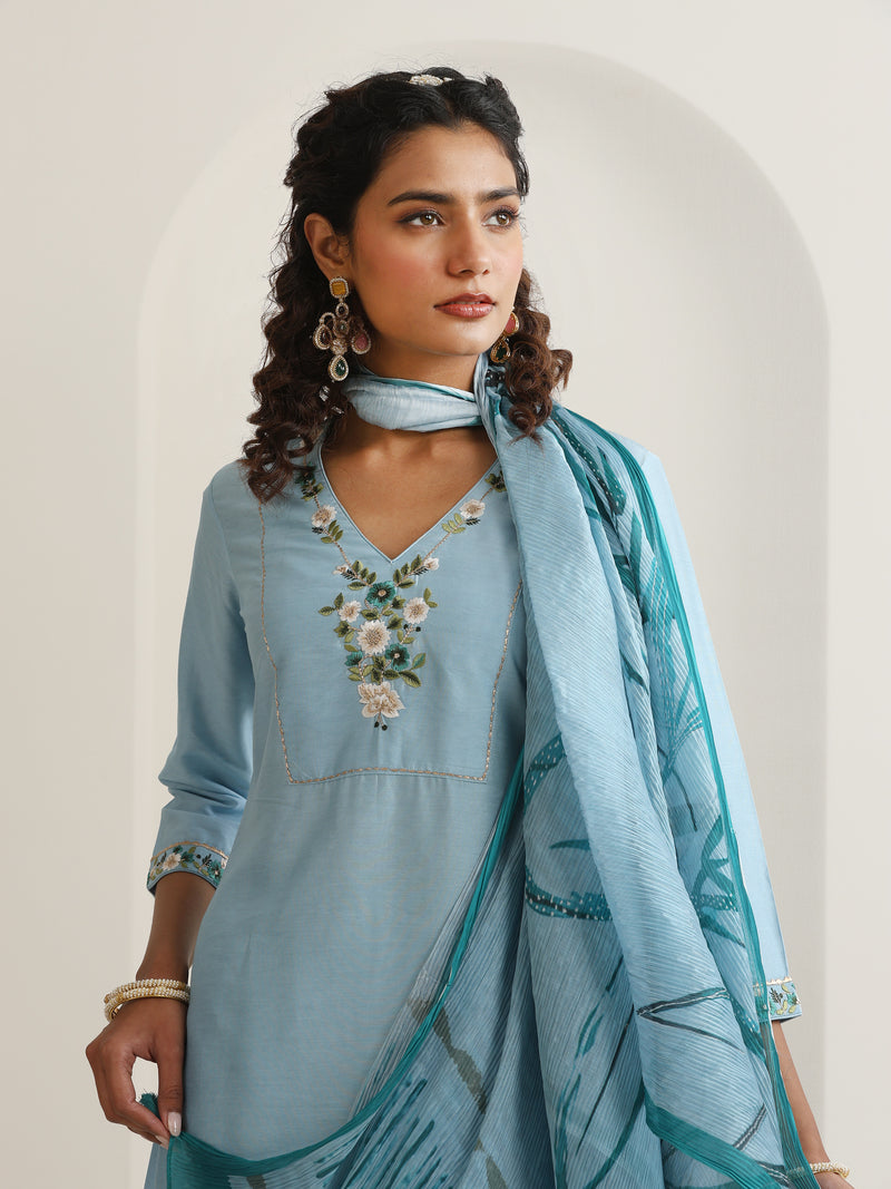 Khushal K Women Pure Silk blue Embroidered Kurta & Palazzo With Dupatta