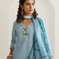 Khushal K Women Pure Silk blue Embroidered Kurta & Palazzo With Dupatta