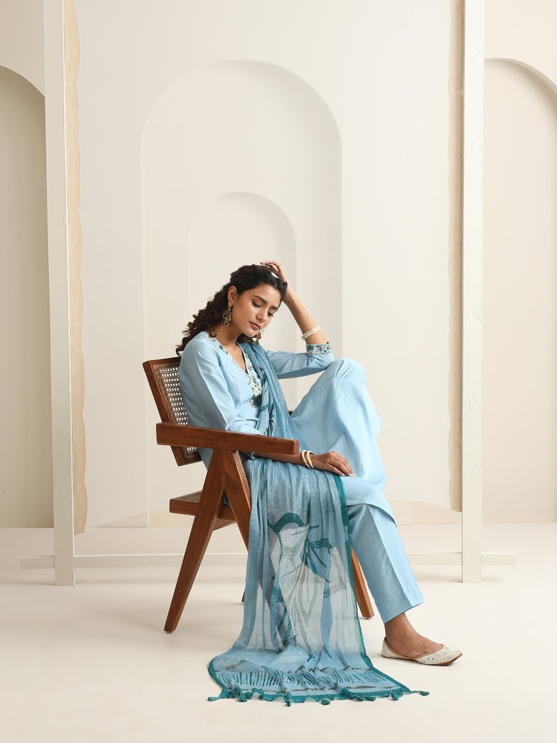Khushal K Women Pure Silk blue Embroidered Kurta & Palazzo With Dupatta