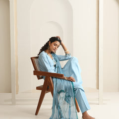 Khushal K Women Pure Silk blue Embroidered Kurta & Palazzo With Dupatta