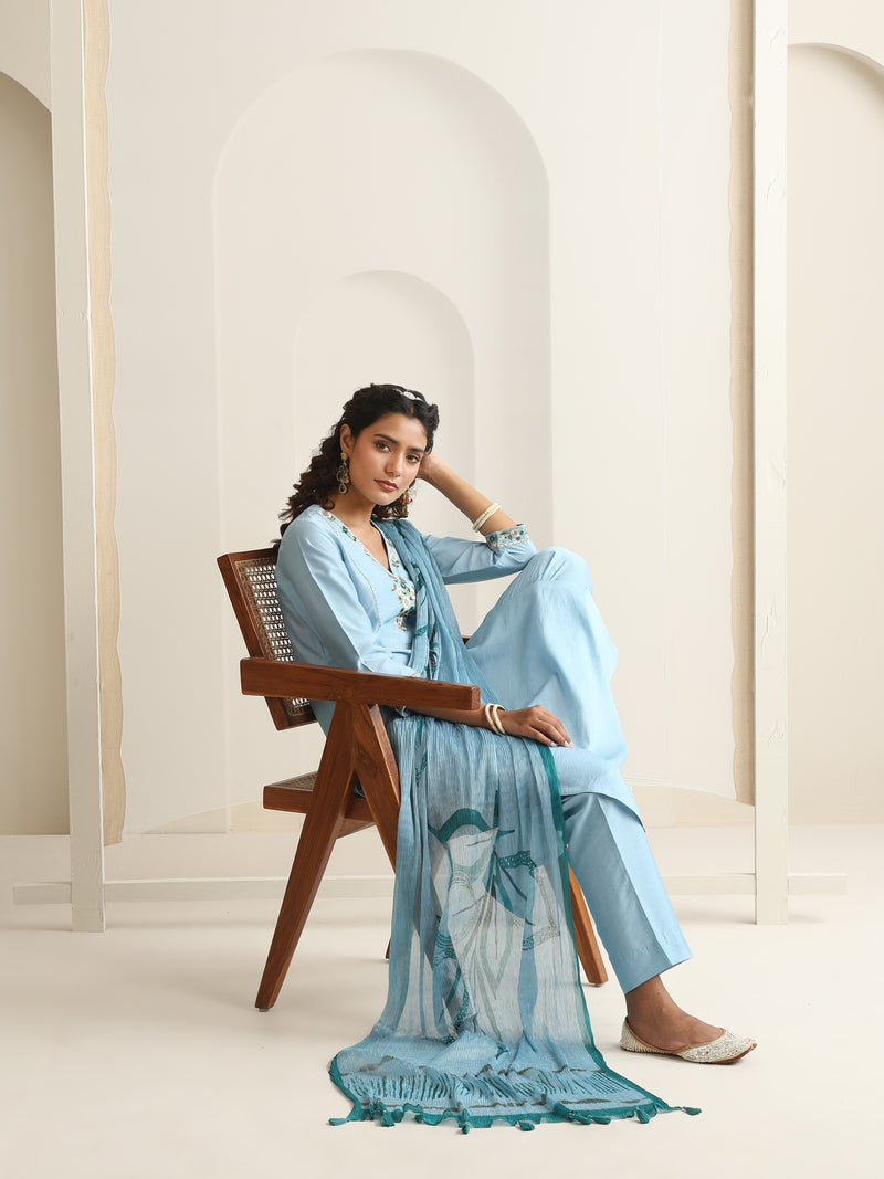 Khushal K Women Pure Silk blue Embroidered Kurta & Palazzo With Dupatta