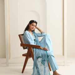 Khushal K Women Pure Silk blue Embroidered Kurta & Palazzo With Dupatta