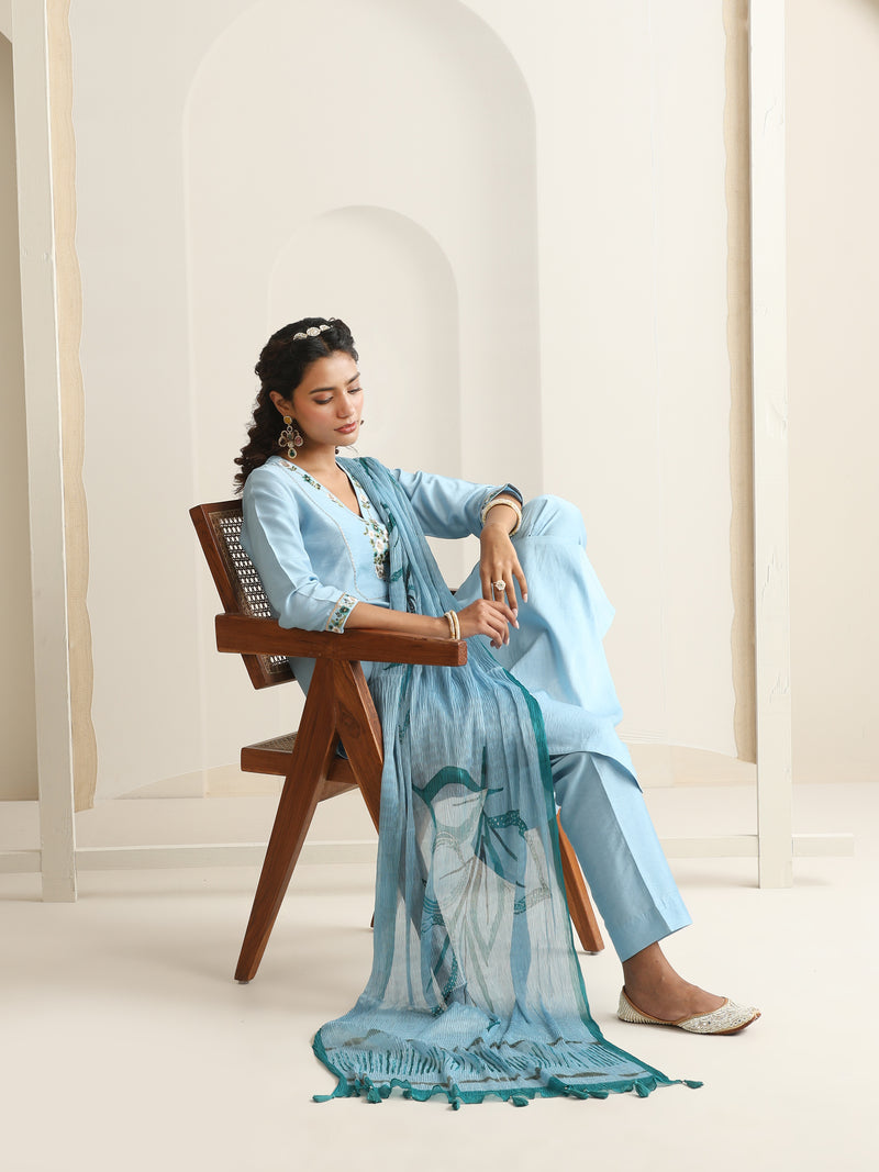 Khushal K Women Pure Silk blue Embroidered Kurta & Palazzo With Dupatta