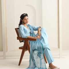 Khushal K Women Pure Silk blue Embroidered Kurta & Palazzo With Dupatta