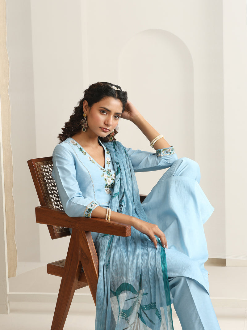 Khushal K Women Pure Silk blue Embroidered Kurta & Palazzo With Dupatta