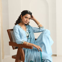 Khushal K Women Pure Silk blue Embroidered Kurta & Palazzo With Dupatta