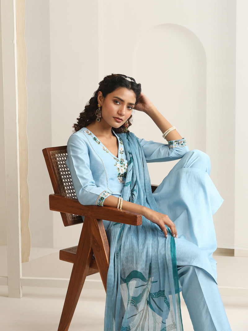 Khushal K Women Pure Silk blue Embroidered Kurta & Palazzo With Dupatta