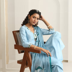 Khushal K Women Pure Silk blue Embroidered Kurta & Palazzo With Dupatta