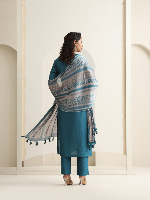 Khushal K Women Pure Silk blue Embroidered Kurta & Palazzo With Dupatta