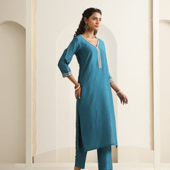Khushal K Women Pure Silk blue Embroidered Kurta & Palazzo With Dupatta