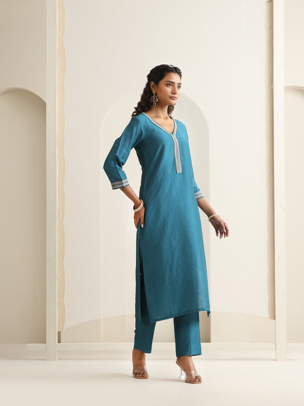 Khushal K Women Pure Silk blue Embroidered Kurta & Palazzo With Dupatta