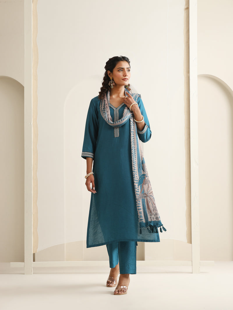 Khushal K Women Pure Silk blue Embroidered Kurta & Palazzo With Dupatta