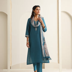 Khushal K Women Pure Silk blue Embroidered Kurta & Palazzo With Dupatta