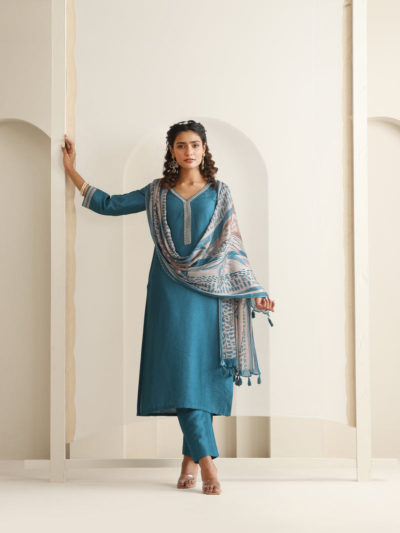 Khushal K Women Pure Silk blue Embroidered Kurta & Palazzo With Dupatta