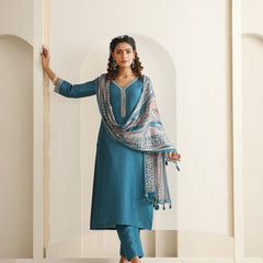 Khushal K Women Pure Silk blue Embroidered Kurta & Palazzo With Dupatta