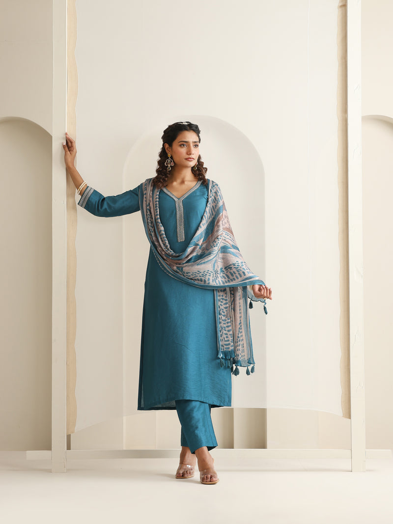 Khushal K Women Pure Silk blue Embroidered Kurta & Palazzo With Dupatta
