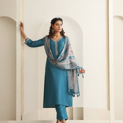 Khushal K Women Pure Silk blue Embroidered Kurta & Palazzo With Dupatta