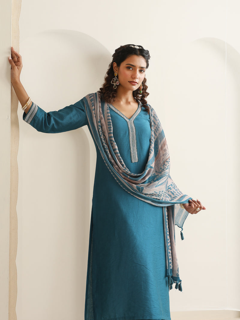 Khushal K Women Pure Silk blue Embroidered Kurta & Palazzo With Dupatta