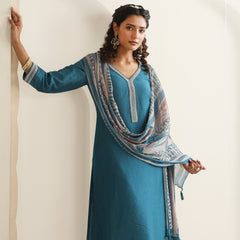 Khushal K Women Pure Silk blue Embroidered Kurta & Palazzo With Dupatta
