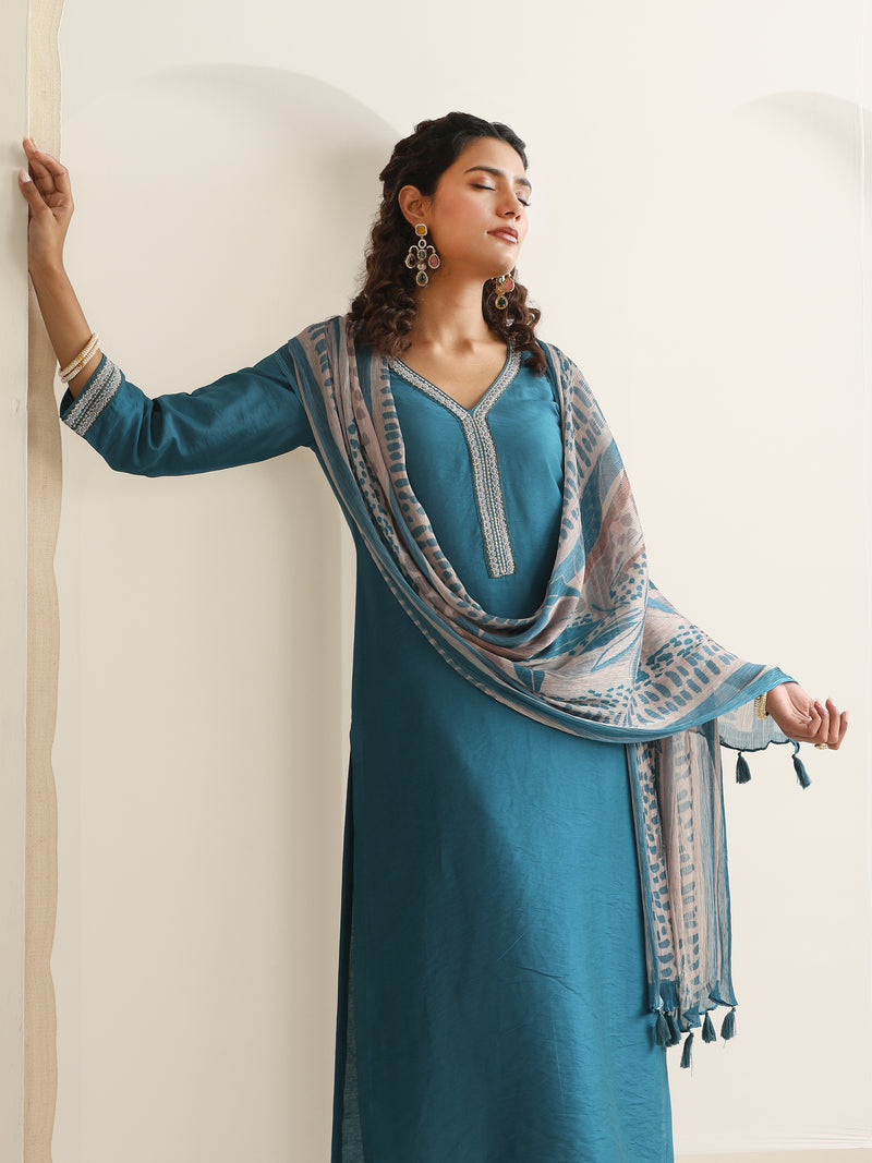 Khushal K Women Pure Silk blue Embroidered Kurta & Palazzo With Dupatta