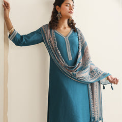 Khushal K Women Pure Silk blue Embroidered Kurta & Palazzo With Dupatta