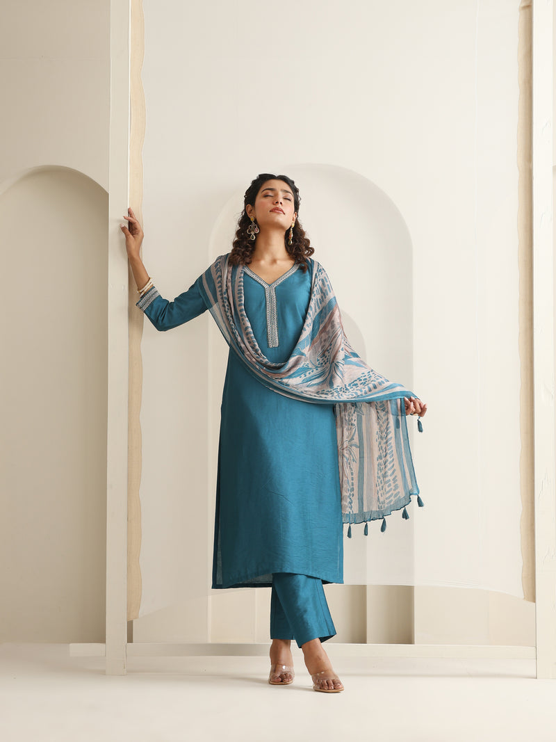 Khushal K Women Pure Silk blue Embroidered Kurta & Palazzo With Dupatta