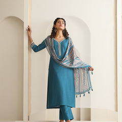 Khushal K Women Pure Silk blue Embroidered Kurta & Palazzo With Dupatta