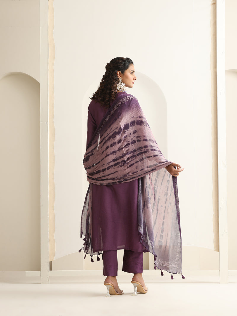 Khushal K Women Pure Silk purple Embroidered Kurta & Palazzo With Dupatta