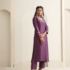 Khushal K Women Pure Silk purple Embroidered Kurta & Palazzo With Dupatta