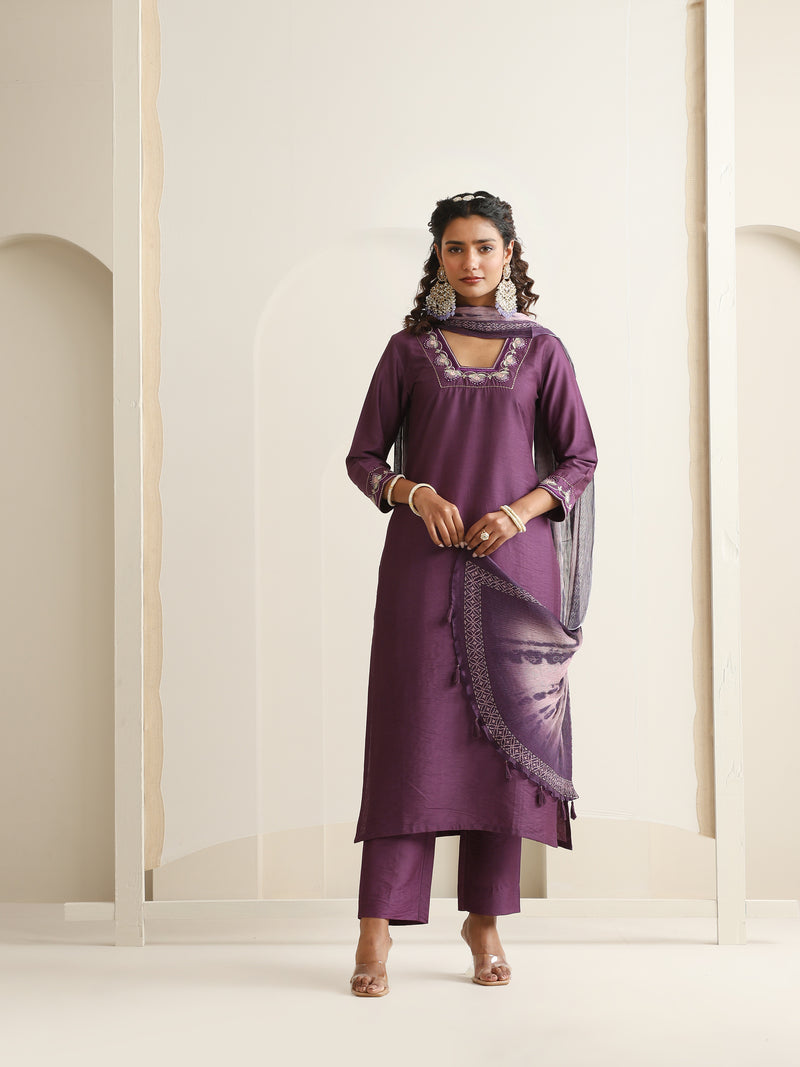 Khushal K Women Pure Silk purple Embroidered Kurta & Palazzo With Dupatta