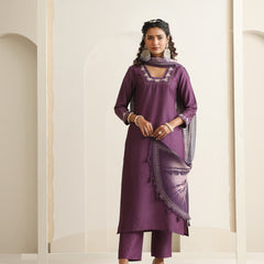 Khushal K Women Pure Silk purple Embroidered Kurta & Palazzo With Dupatta