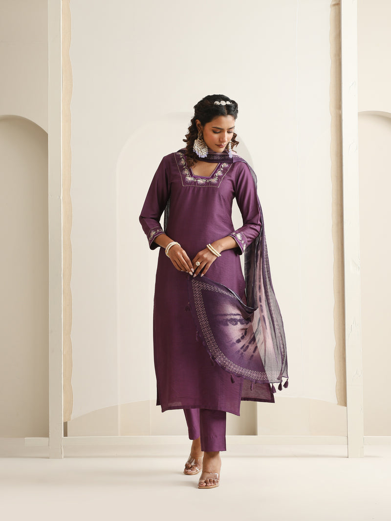 Khushal K Women Pure Silk purple Embroidered Kurta & Palazzo With Dupatta