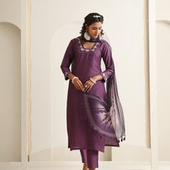 Khushal K Women Pure Silk purple Embroidered Kurta & Palazzo With Dupatta