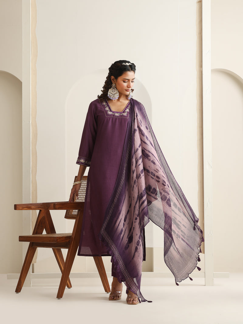 Khushal K Women Pure Silk purple Embroidered Kurta & Palazzo With Dupatta
