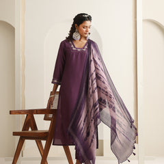 Khushal K Women Pure Silk purple Embroidered Kurta & Palazzo With Dupatta