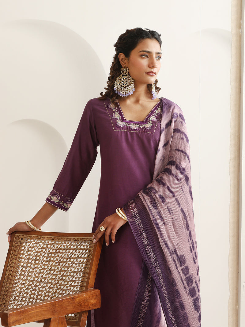 Khushal K Women Pure Silk purple Embroidered Kurta & Palazzo With Dupatta