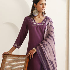 Khushal K Women Pure Silk purple Embroidered Kurta & Palazzo With Dupatta