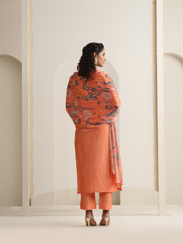 Khushal K Women Pure Silk orange Embroidered Kurta & Palazzo With Dupatta