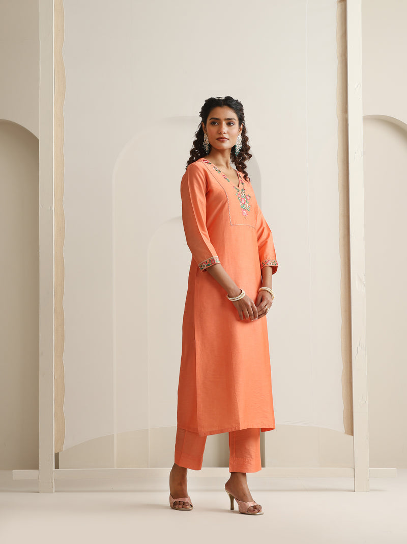 Khushal K Women Pure Silk orange Embroidered Kurta & Palazzo With Dupatta
