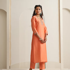 Khushal K Women Pure Silk orange Embroidered Kurta & Palazzo With Dupatta