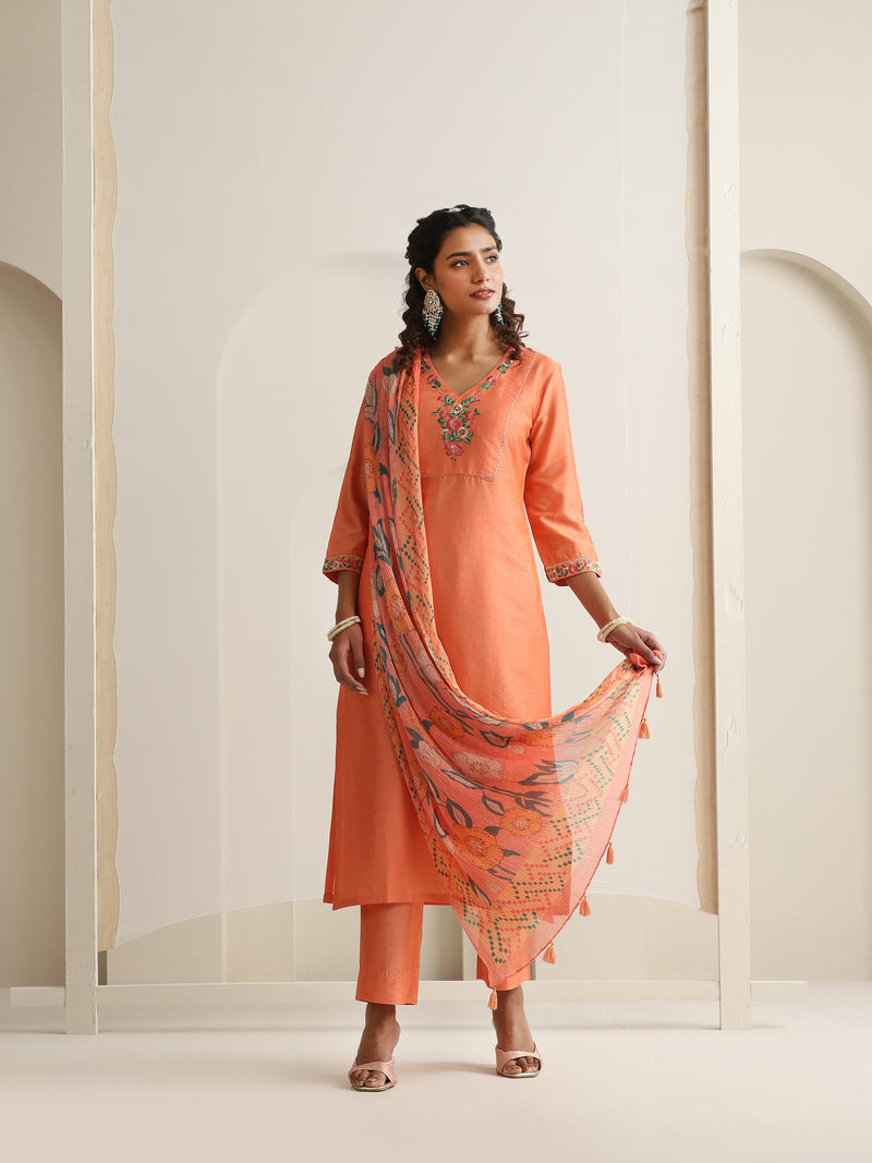 Khushal K Women Pure Silk orange Embroidered Kurta & Palazzo With Dupatta