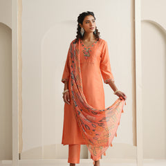 Khushal K Women Pure Silk orange Embroidered Kurta & Palazzo With Dupatta