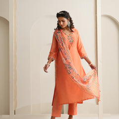 Khushal K Women Pure Silk orange Embroidered Kurta & Palazzo With Dupatta